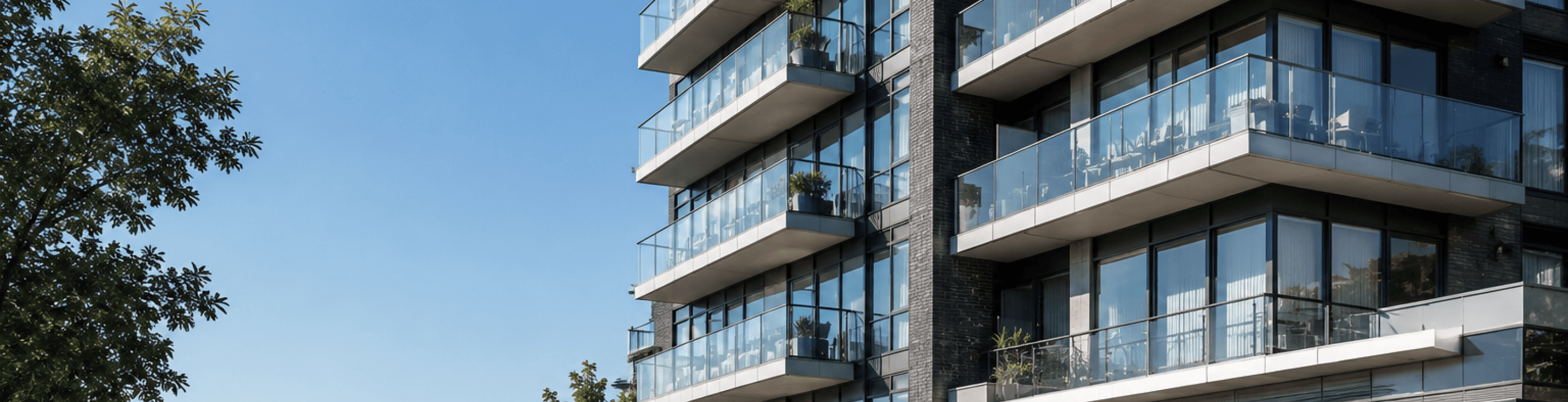 Modern condo building exteriors with glass balconies