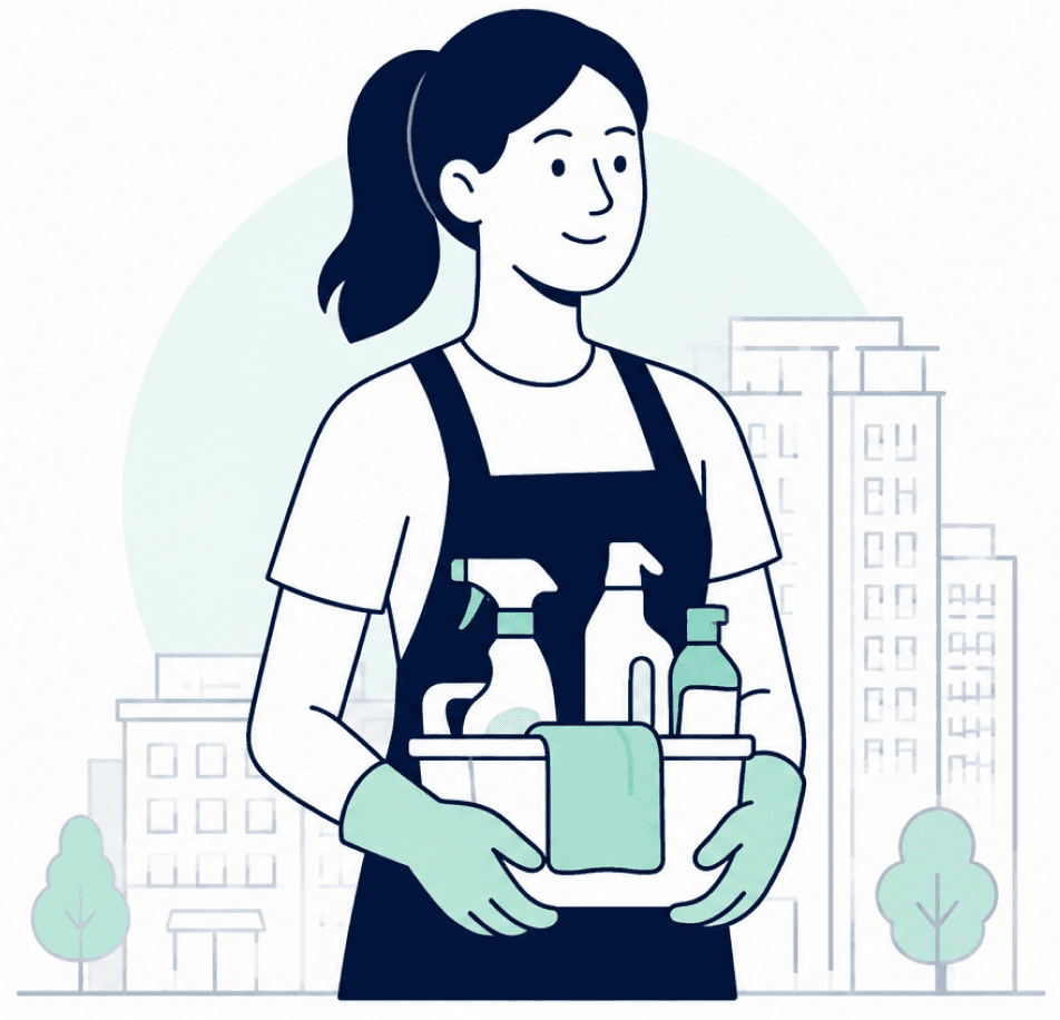 Illustration of a home services professional in front of condo buildings